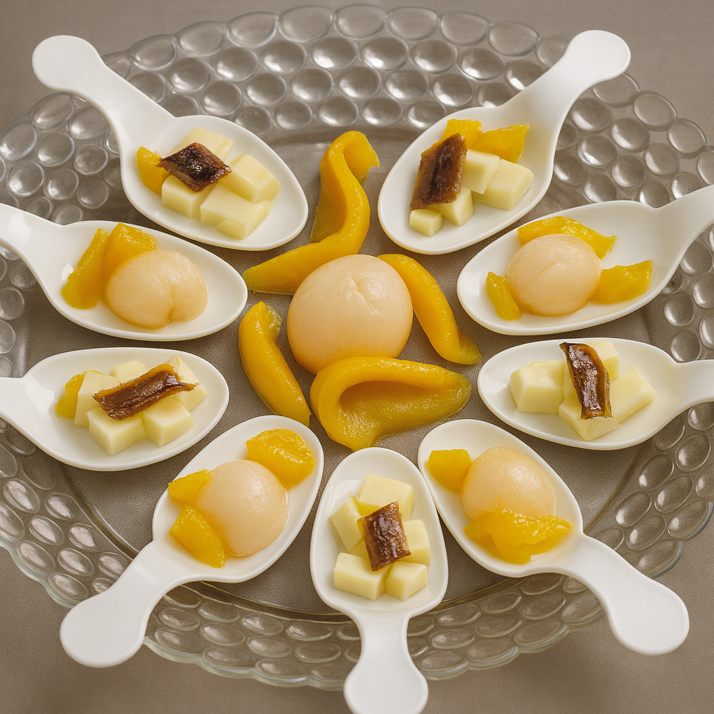 Cucharillas de degustación (anchoa-queso y mango-lichis)