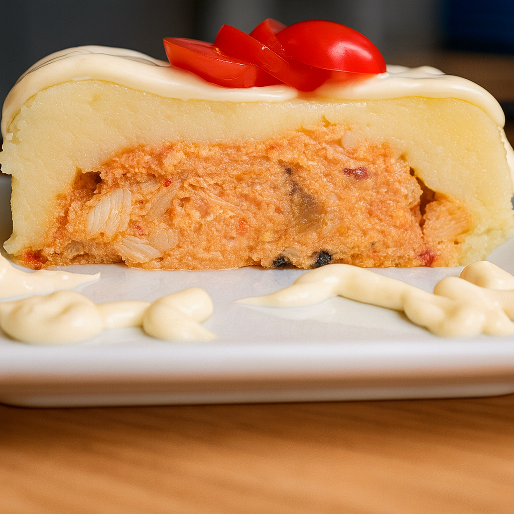 Plum-cake de patata, pisto y bacalao