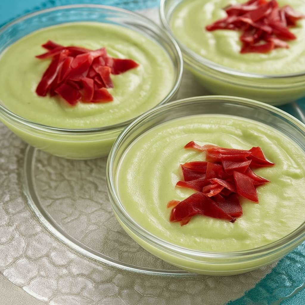 Crema de aguacate y peras con jamón