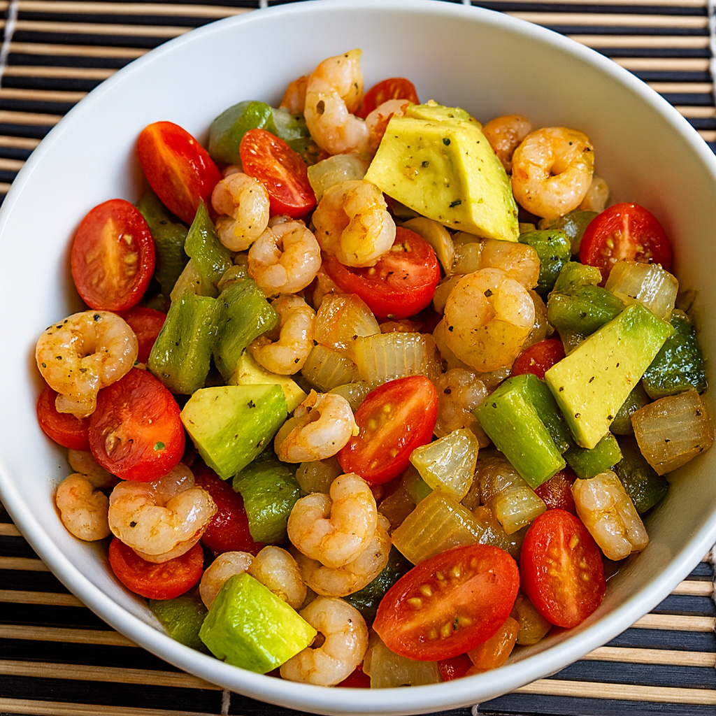 Ensalada tibia de aguacate y gambas