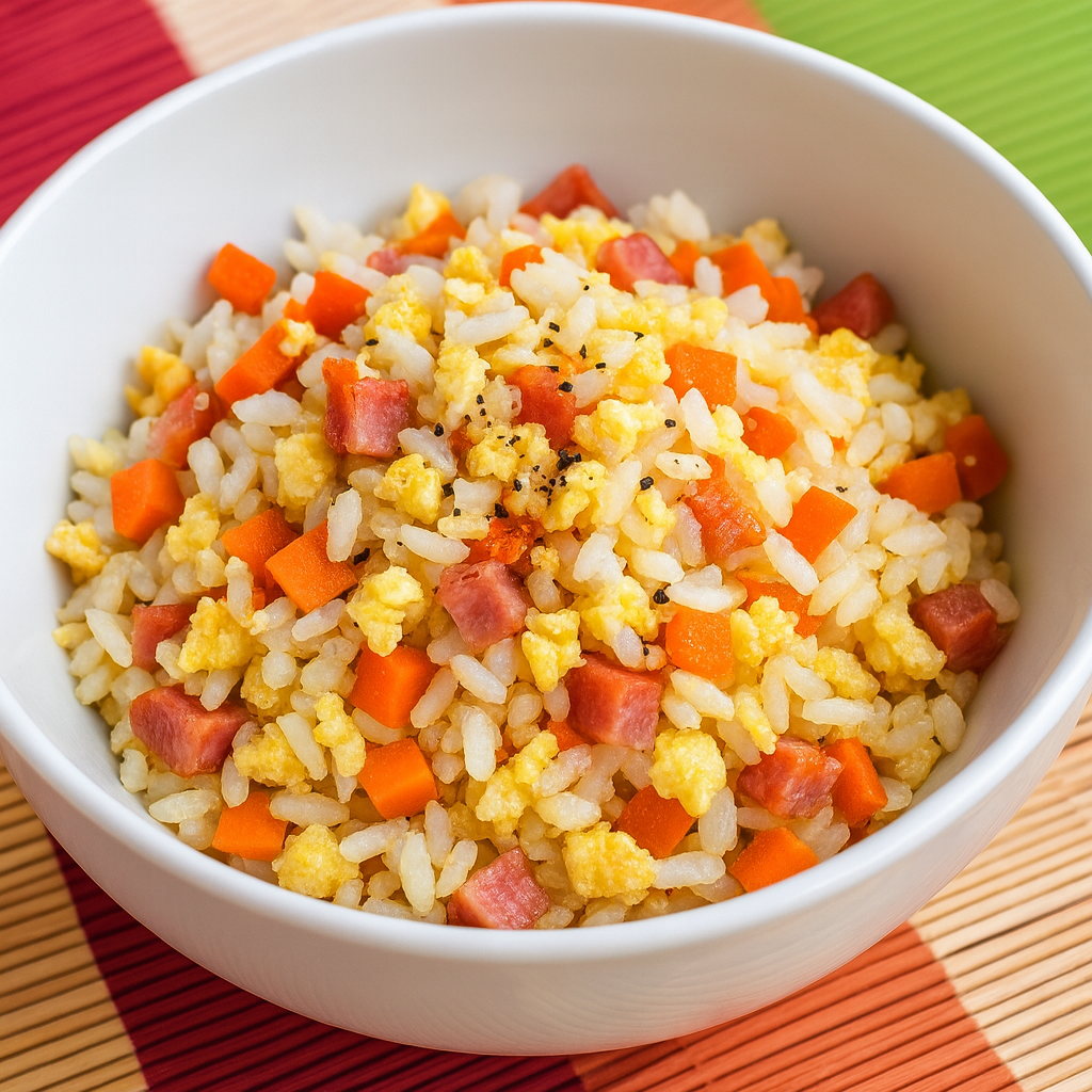 Arroz con bacon y tortilla