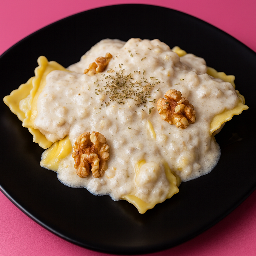 Raviolis de queso con salsa de peras y nueces