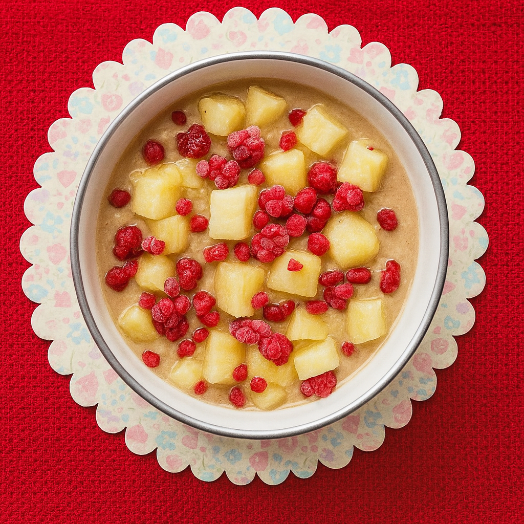 Gachas o porridge de avena con café, piña y frambuesas