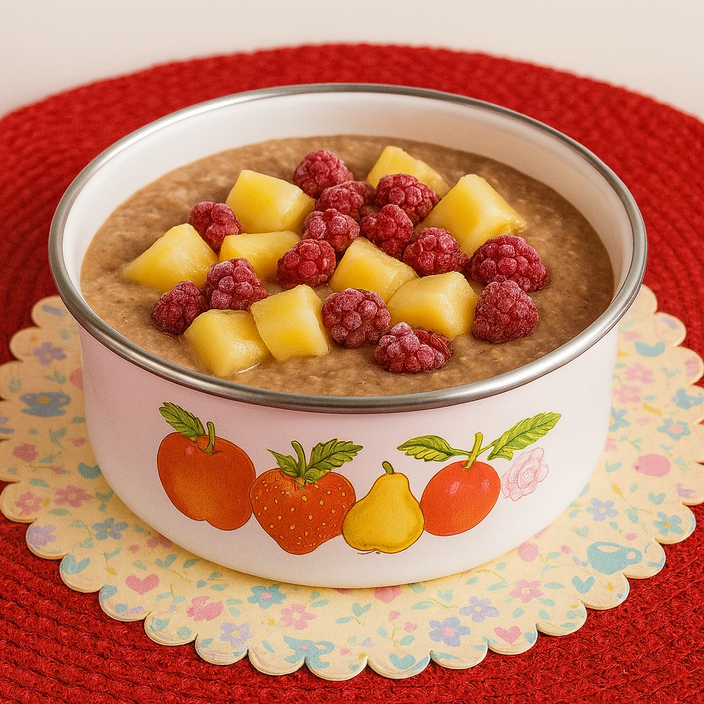 Gachas o porridge de avena con café, piña y frambuesas