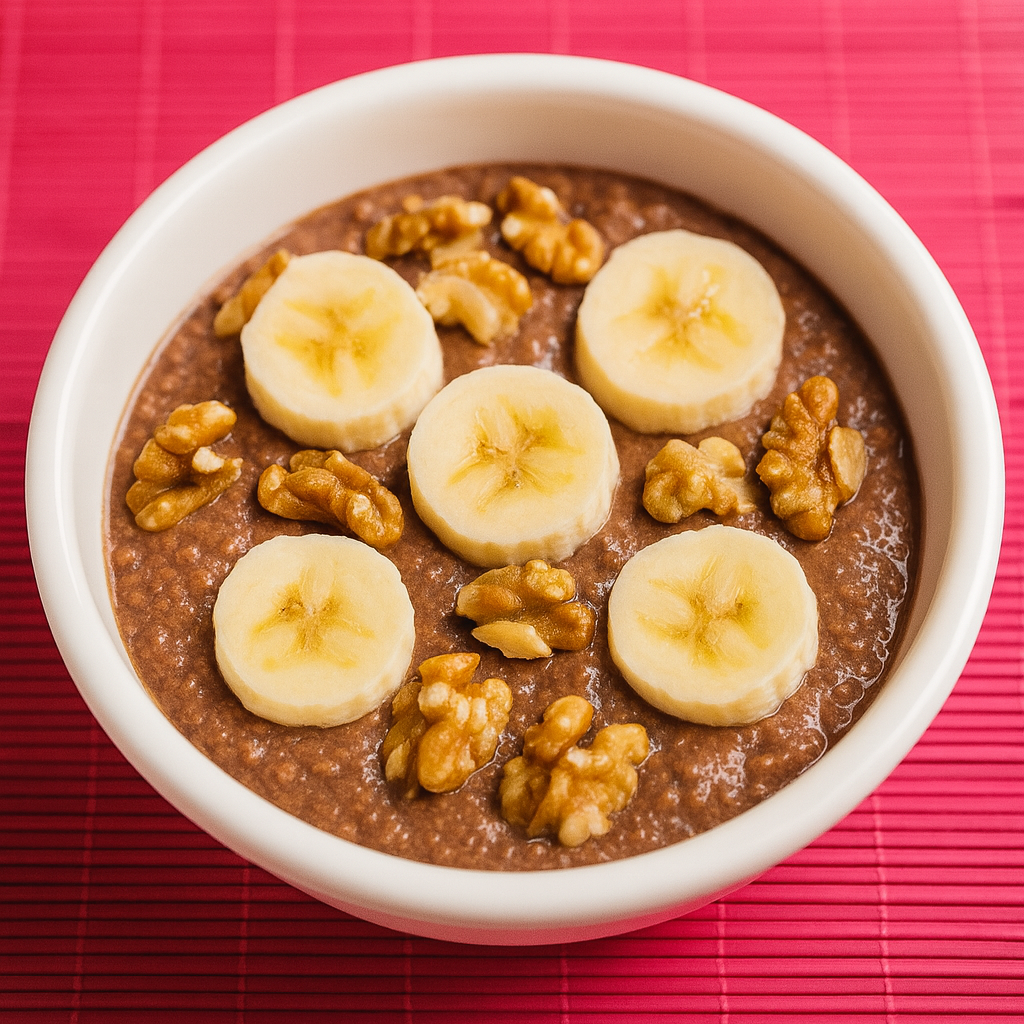 Gachas o porridge de avena, chocolate, plátano y nueces