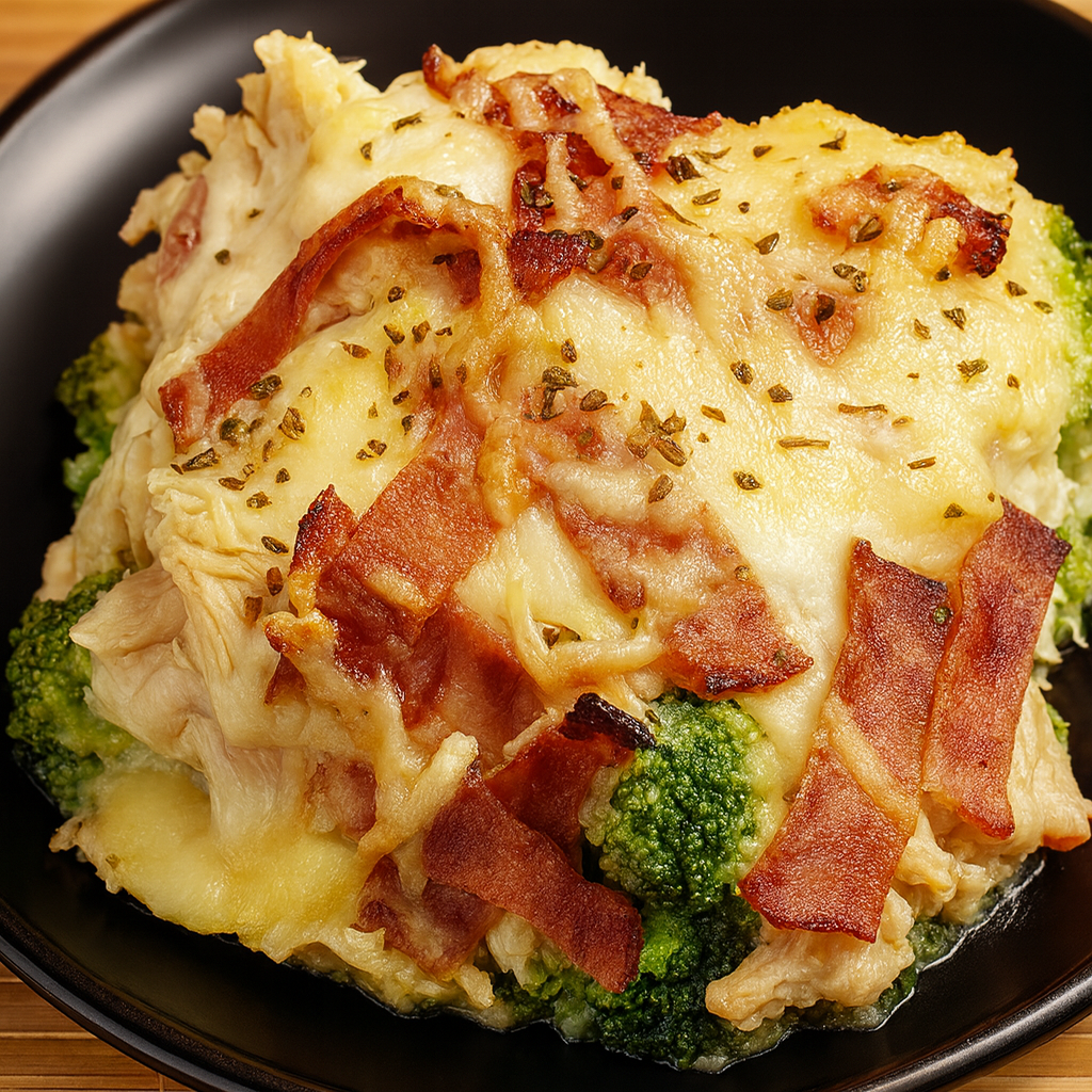 Brócoli con pollo desmechado gratinado