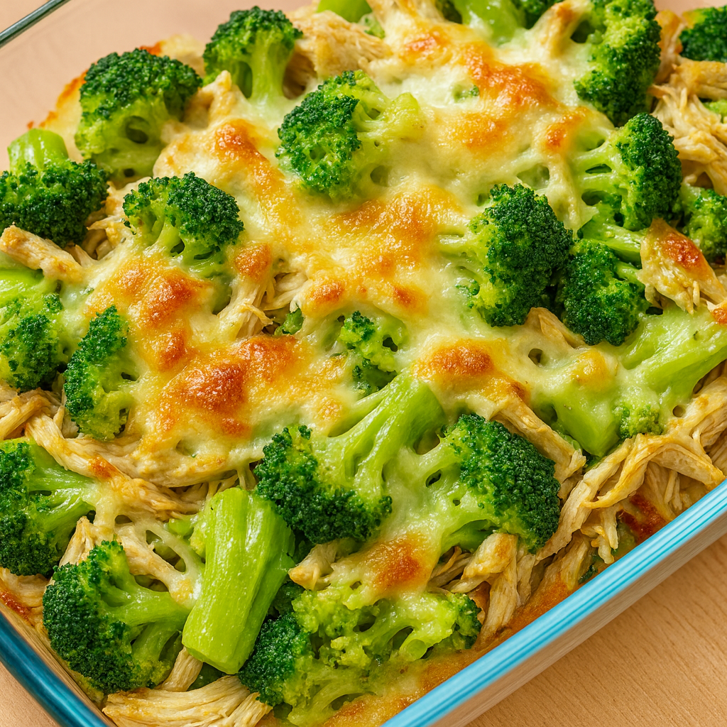 Brócoli con pollo desmechado gratinado