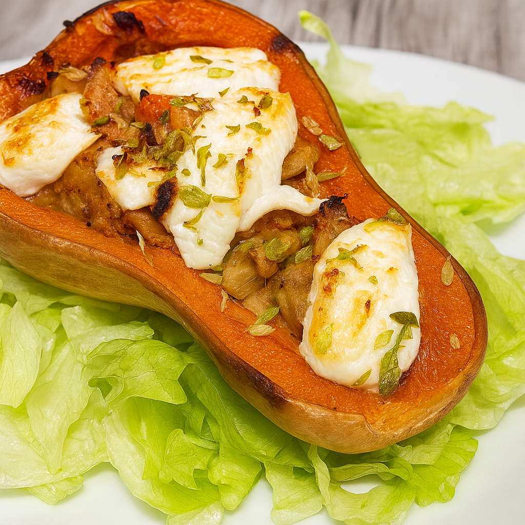 Calabaza rellena de pollo y queso de cabra