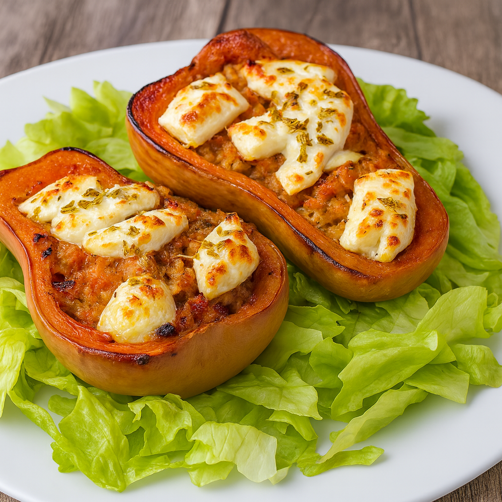 Calabaza rellena de pollo y queso de cabra