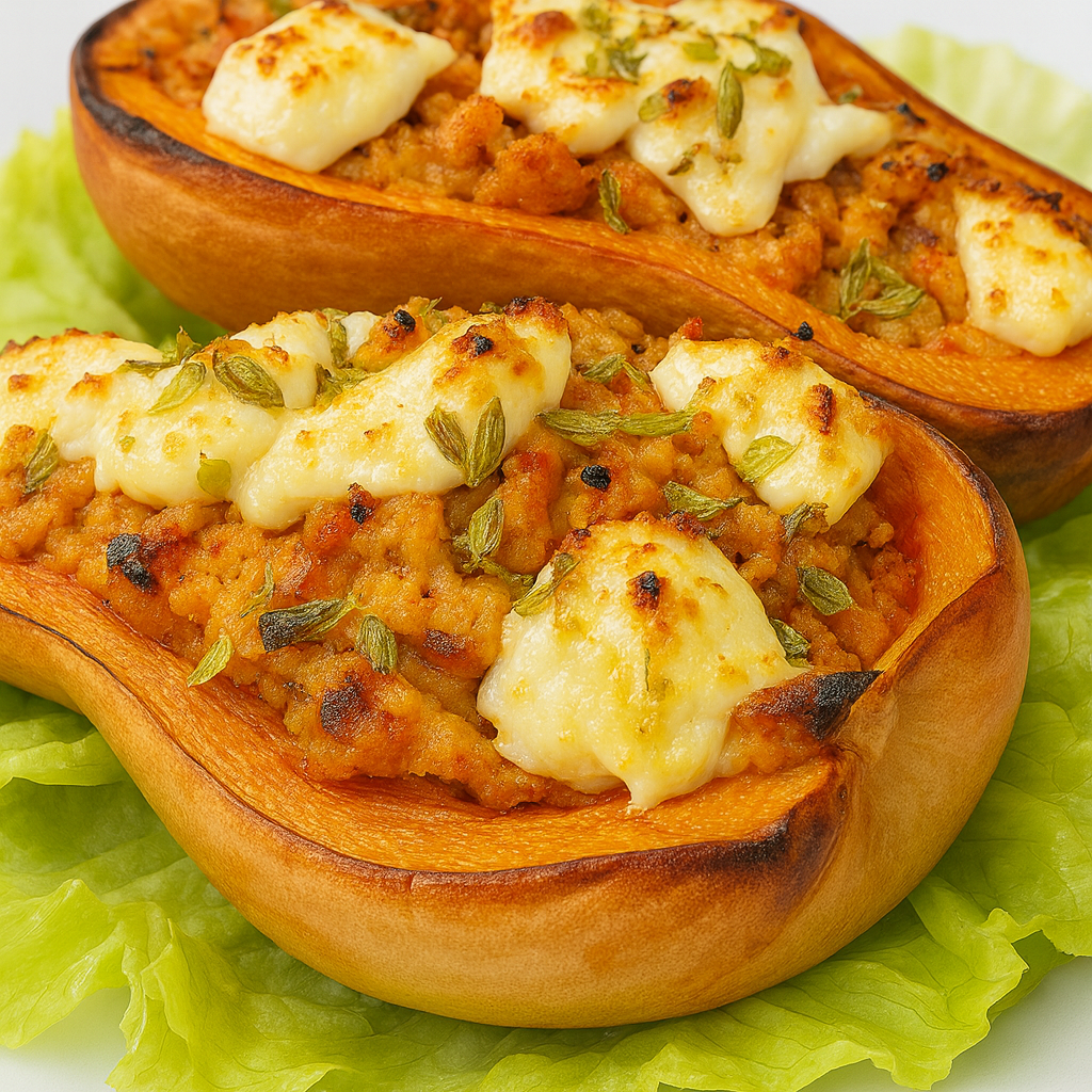 Calabaza rellena de pollo y queso de cabra