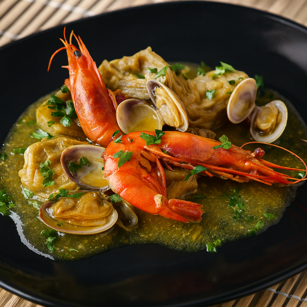 Alcachofas con almejas y gambas