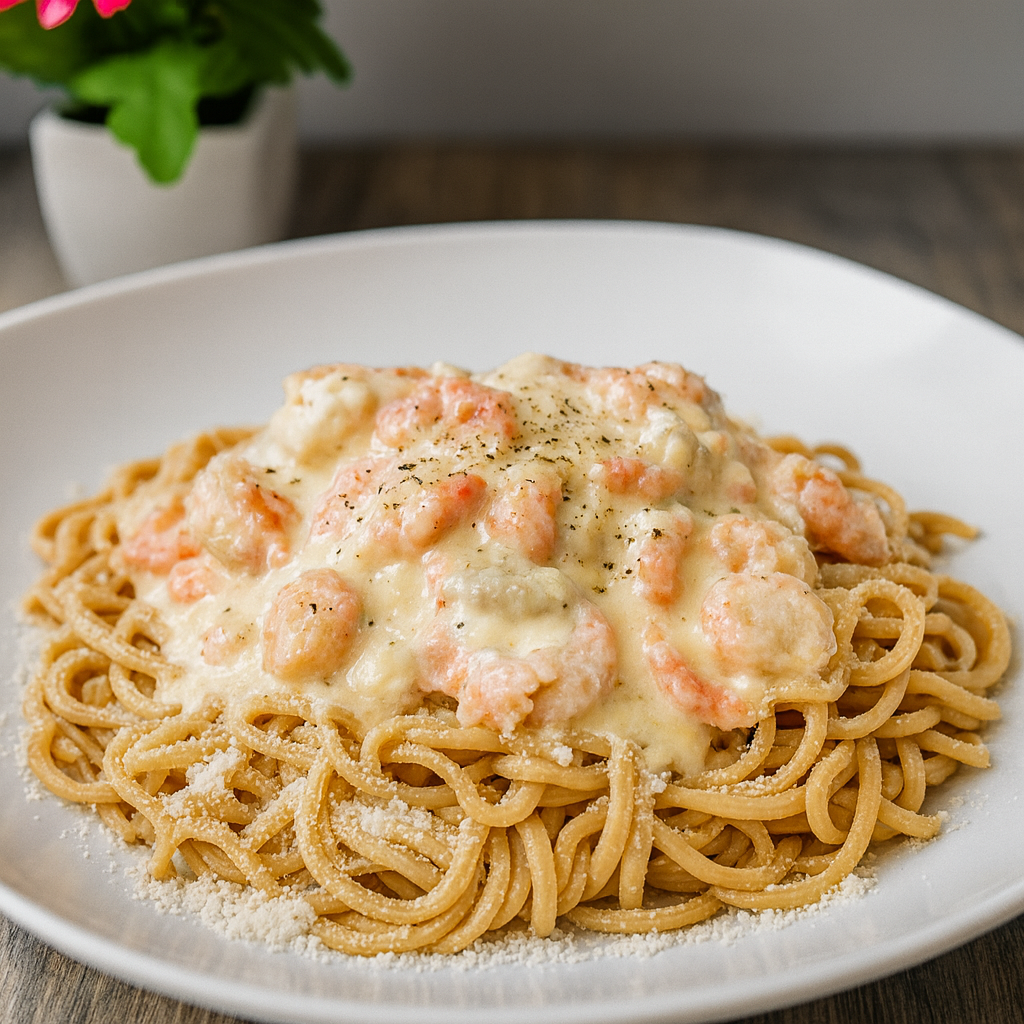 Spaguettis de soja con salsa de salmón y gambas