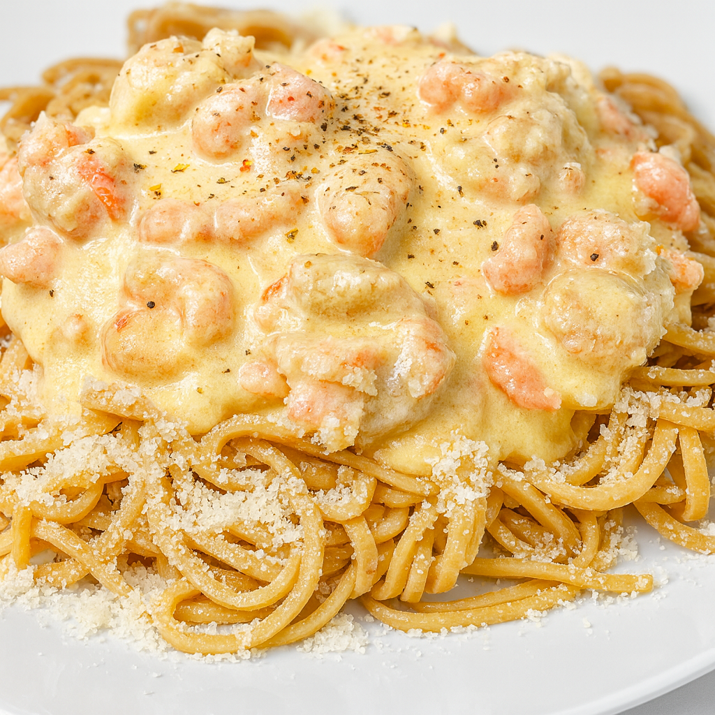 Spaguettis de soja con salsa de salmón y gambas