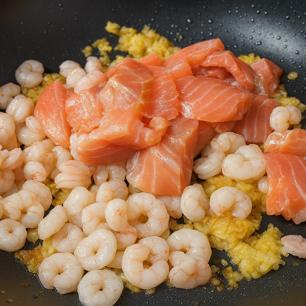 Spaguettis de soja con salsa de salmón y gambas