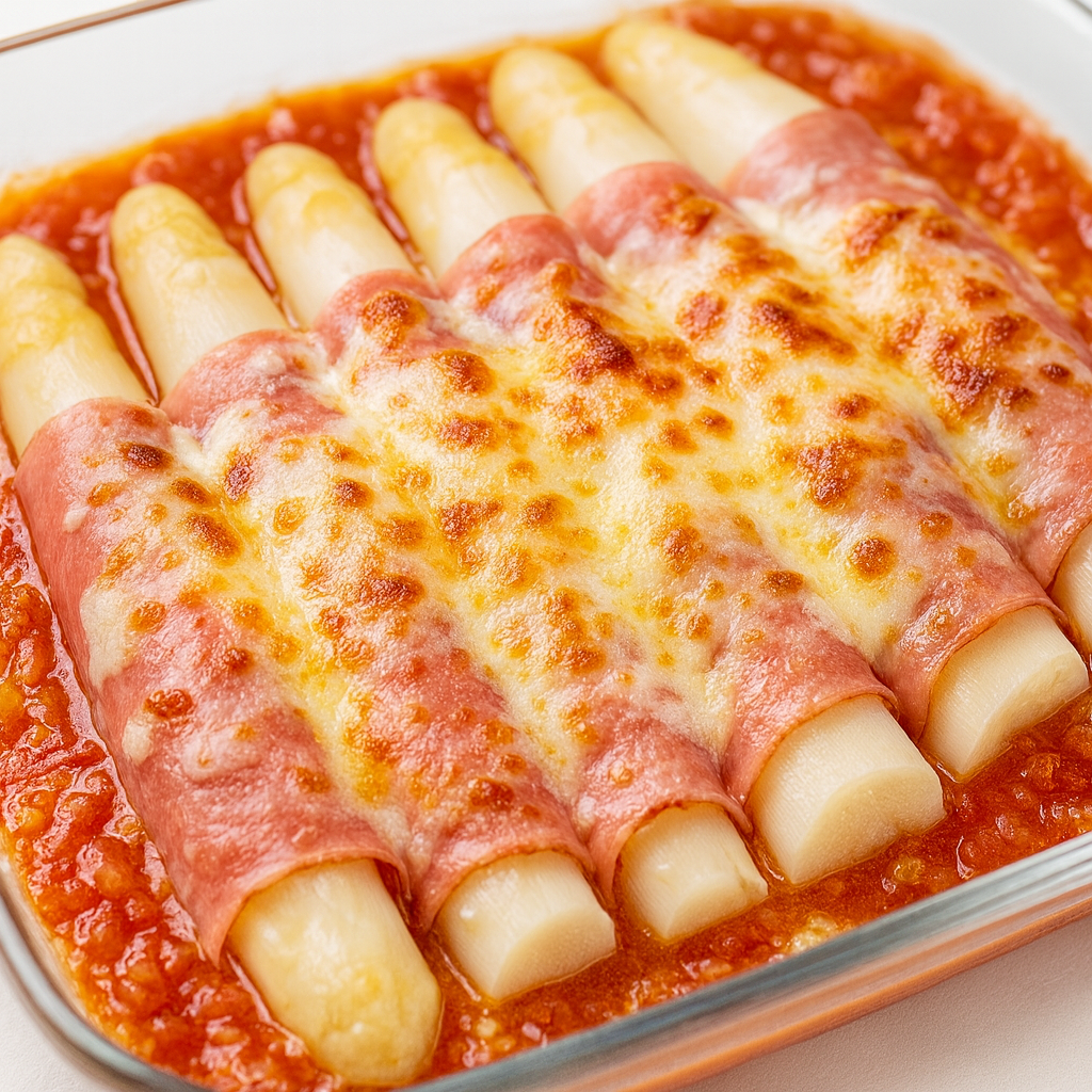 Espárragos gratinados con jamón